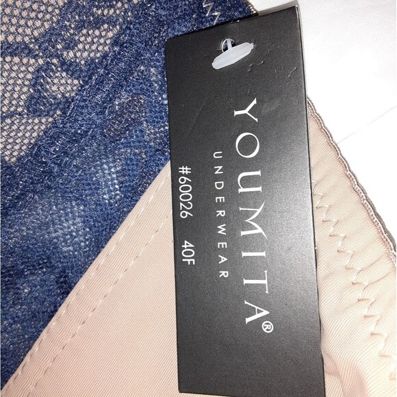 Youmita 40DDD Tan w/Blue Floral Lace Bra NWT - Picture 5 of 12